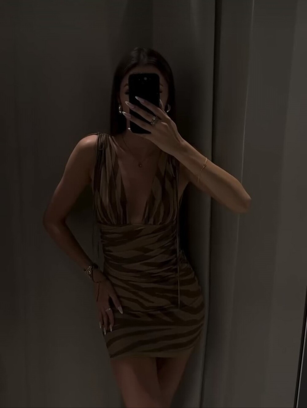 New Zara Zebra Printed Tulle Plunging Neckline Wide Straps Draped Fabric Dress - Picture 6 of 13